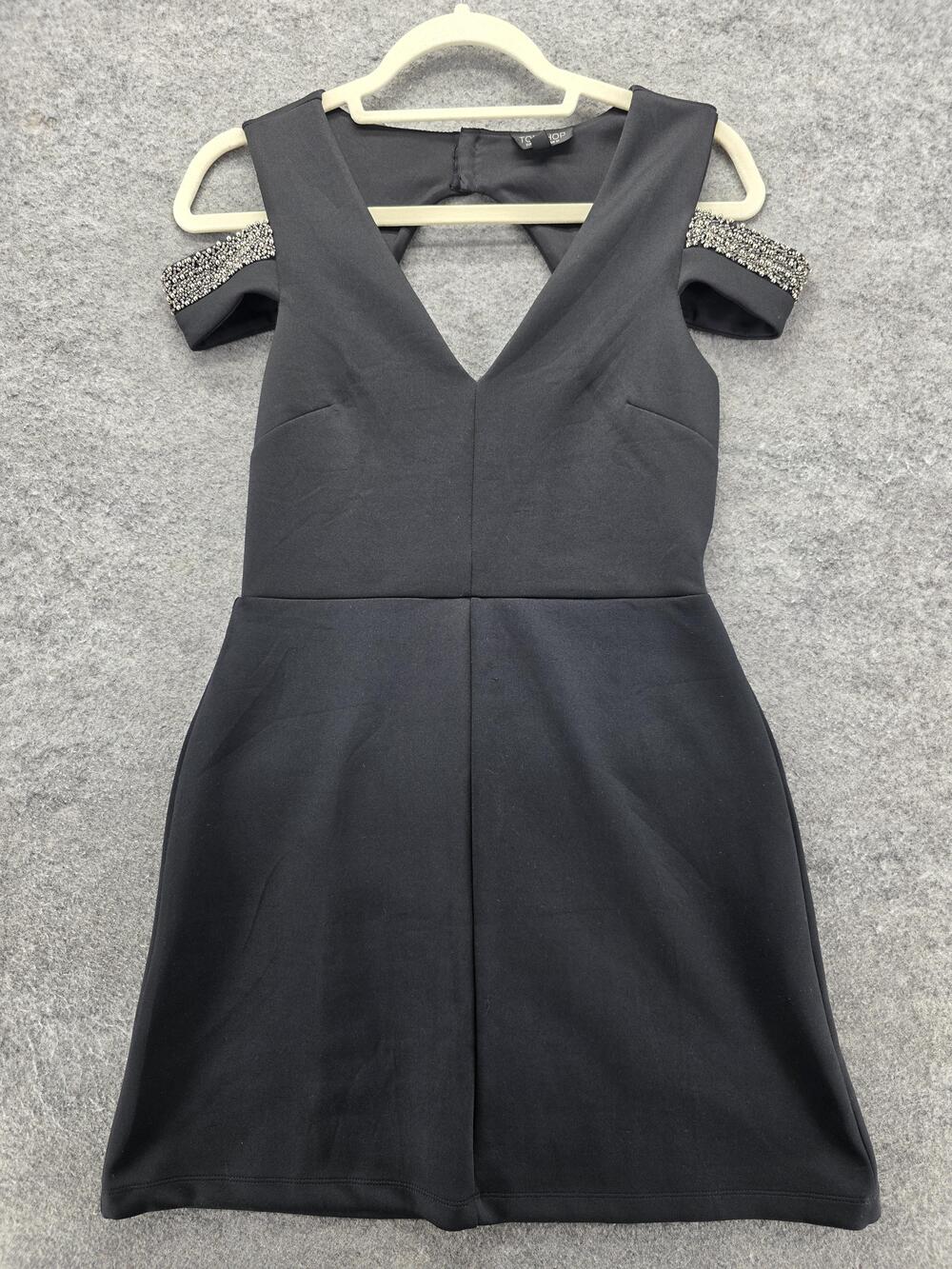 Topshop Dress Womens 6 Black Beaded Cold Shoulder V Neck Mini Cocktail 35W16BLK